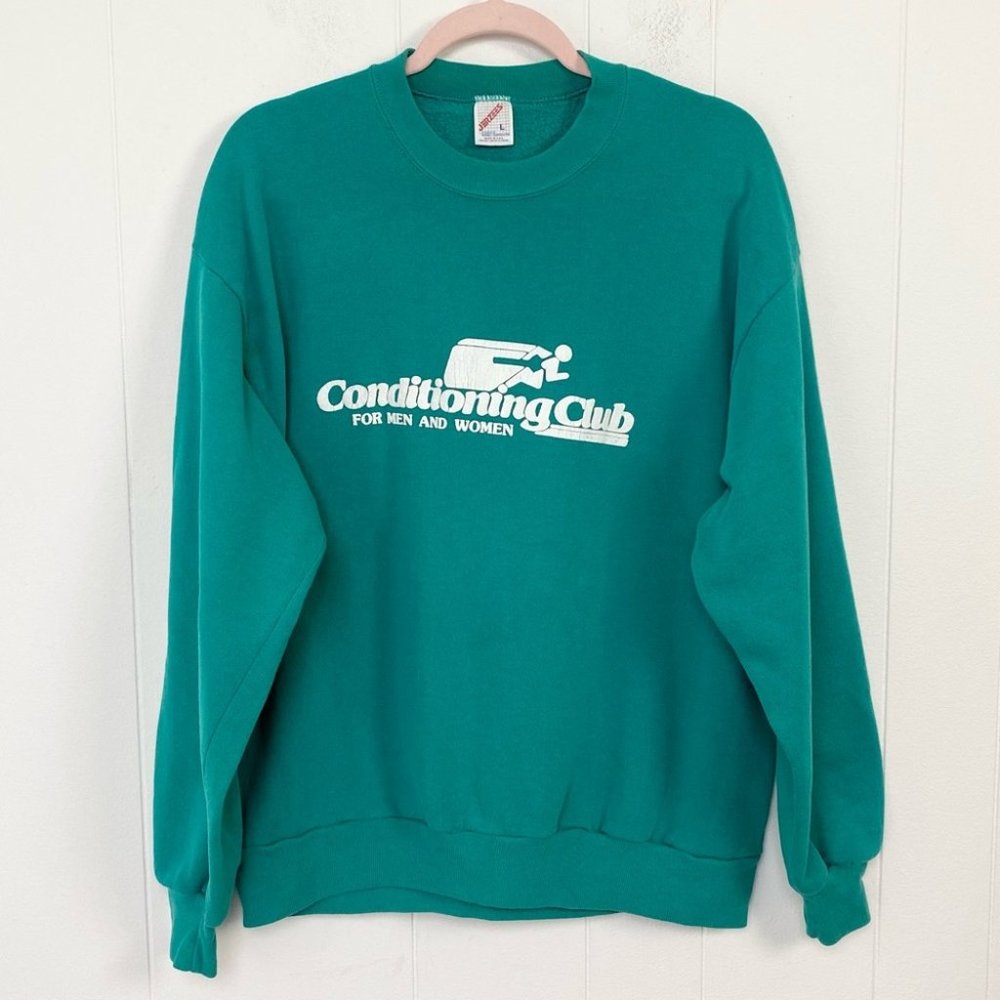 Vintage Jerzees Teal White logo Conditioning Club Pullover Sweatshirt Size Large